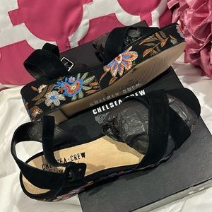 Anthropologie Black Suede Wedge platform Embroidered Sandals-sz 40, NWT